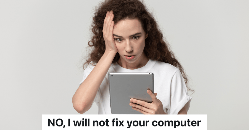 woman looking at a tablet with a shocked expression