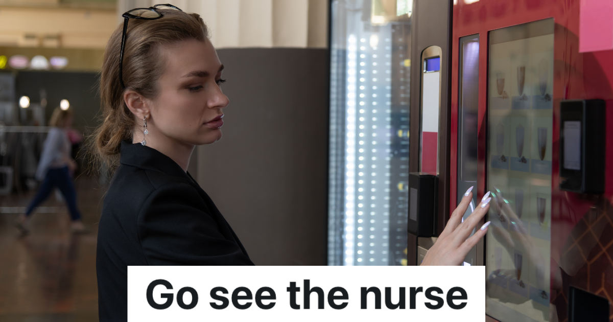 Woman Visits Her Dad At The Hospital After A Bad Accident, But Another Person Mistakes Her For An Employee And Asks For Her Supervisor woman pressing buttons on a vending machine