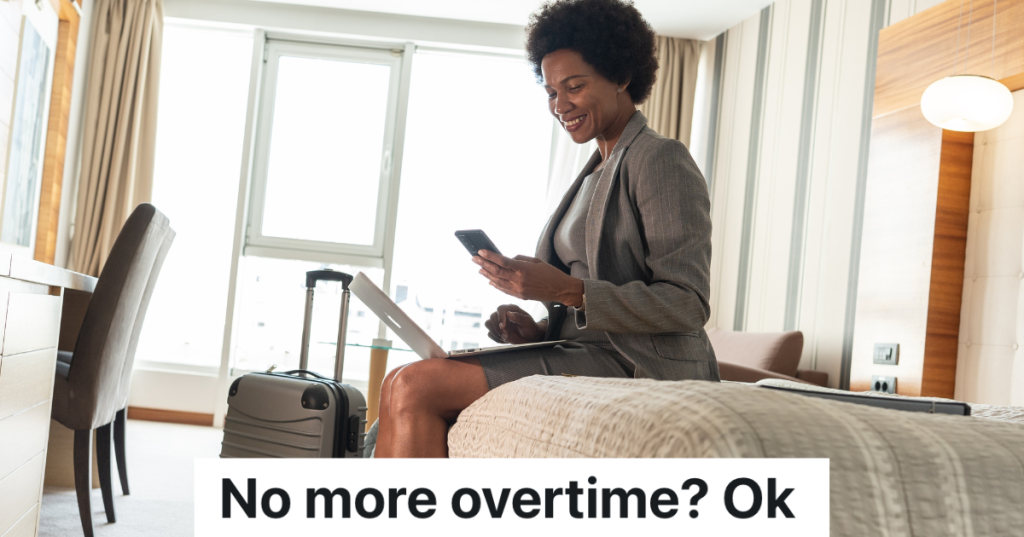 business woman sitting on a bed in a hotel room