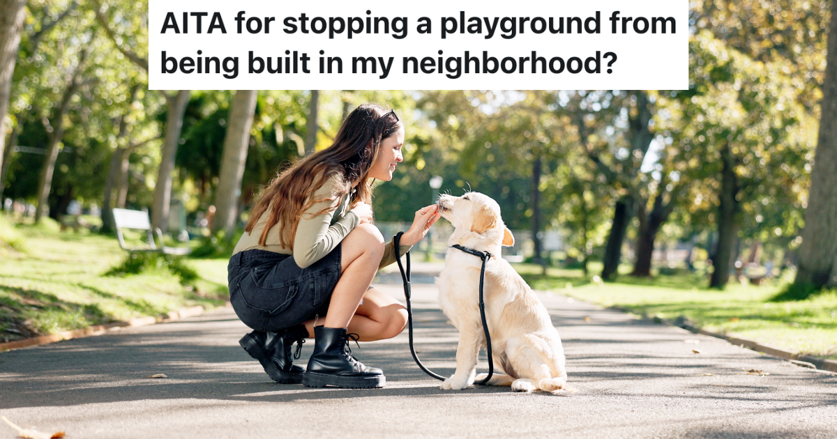 Homeowner Gets Support From Neighbors To Have A Dog Park Built In The Neighborhood, But One Dad Would Rather Have A Playground For His Kids woman giving her dog a treat at a park