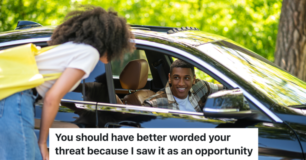 man sitting in car talking to woman outside through car window