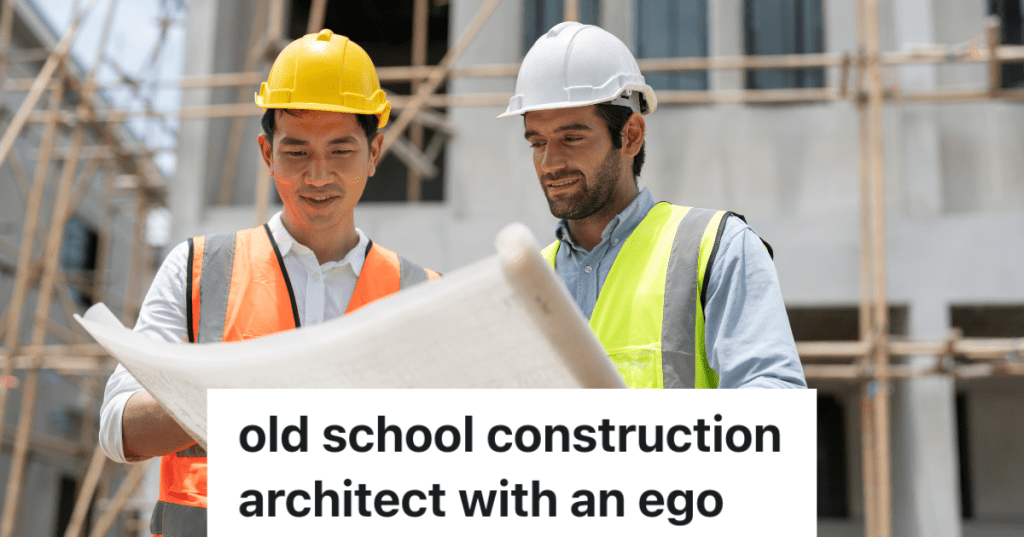 two construction workers looking at blueprints