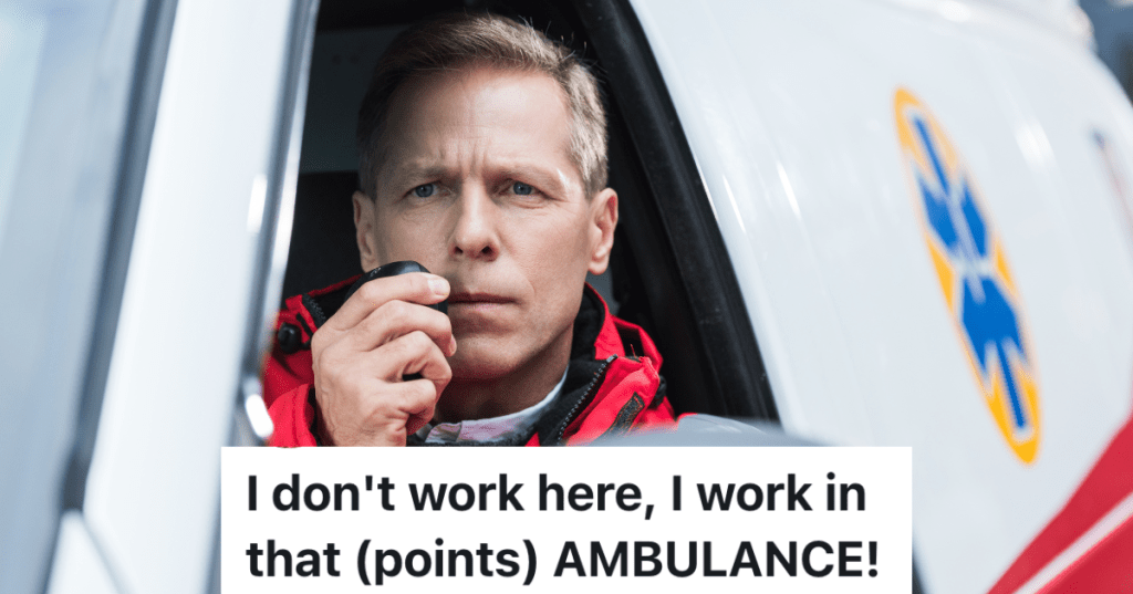 ambulance driver sitting in the driver's seat on the radio