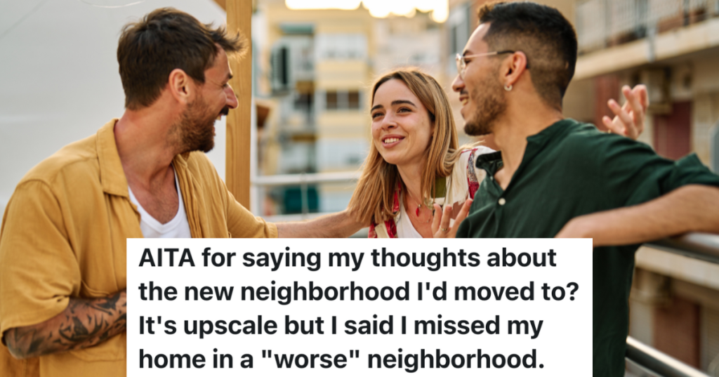 two men and one woman happily talking outside