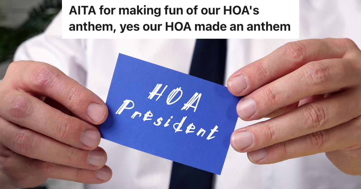 closeup of a man in a white shirt and black tie holding a blue card that reads "HOA President"