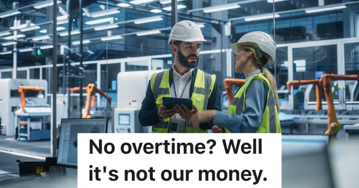 Night Shift Employees Have To Work Overtime To Finish Up Orders, But The Owner Bans Overtime To Save Money man and woman in hardhats working at a factory