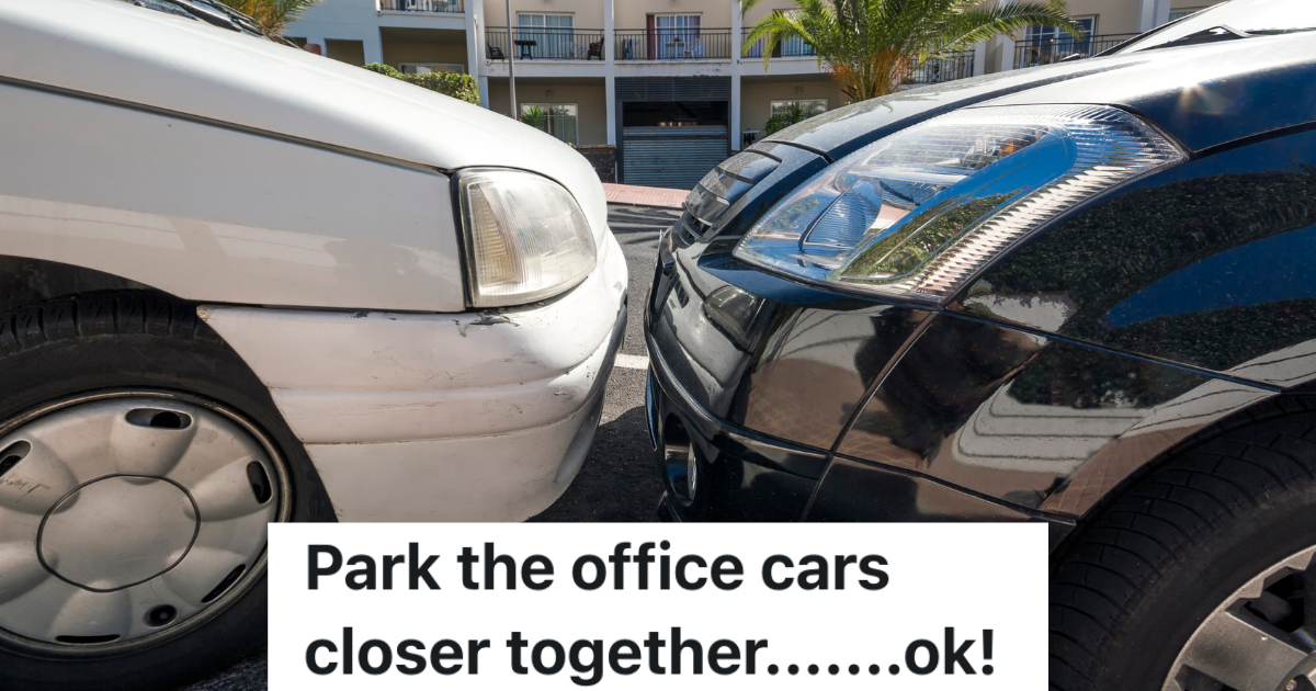 two cars parked nose to nose very close together