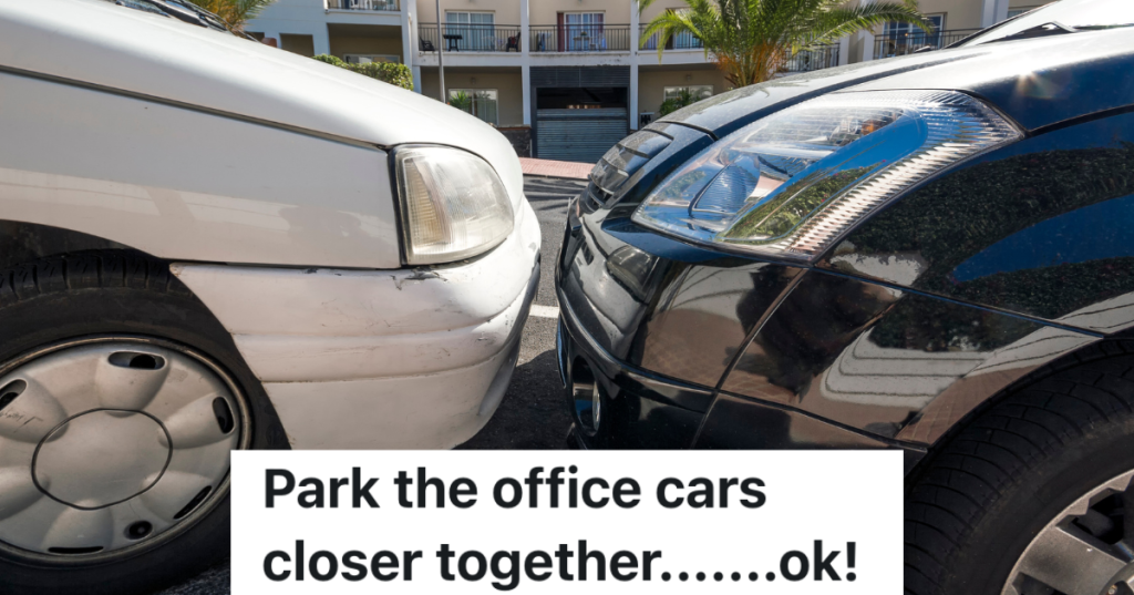 two cars parked nose to nose very close together