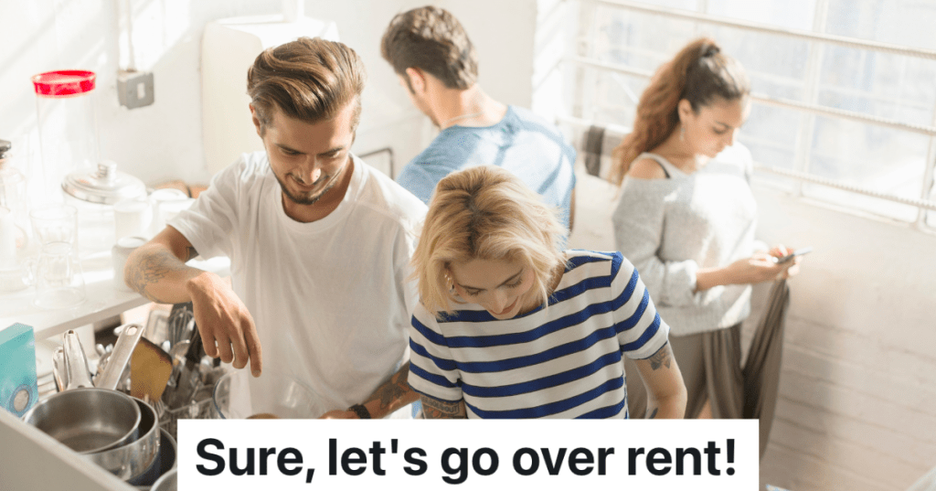 four roommates, two men and two women, in a tiny kitchen