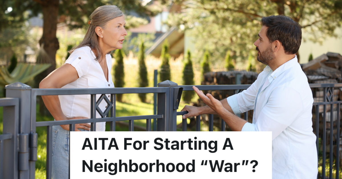 man arguing with an older woman across a fence