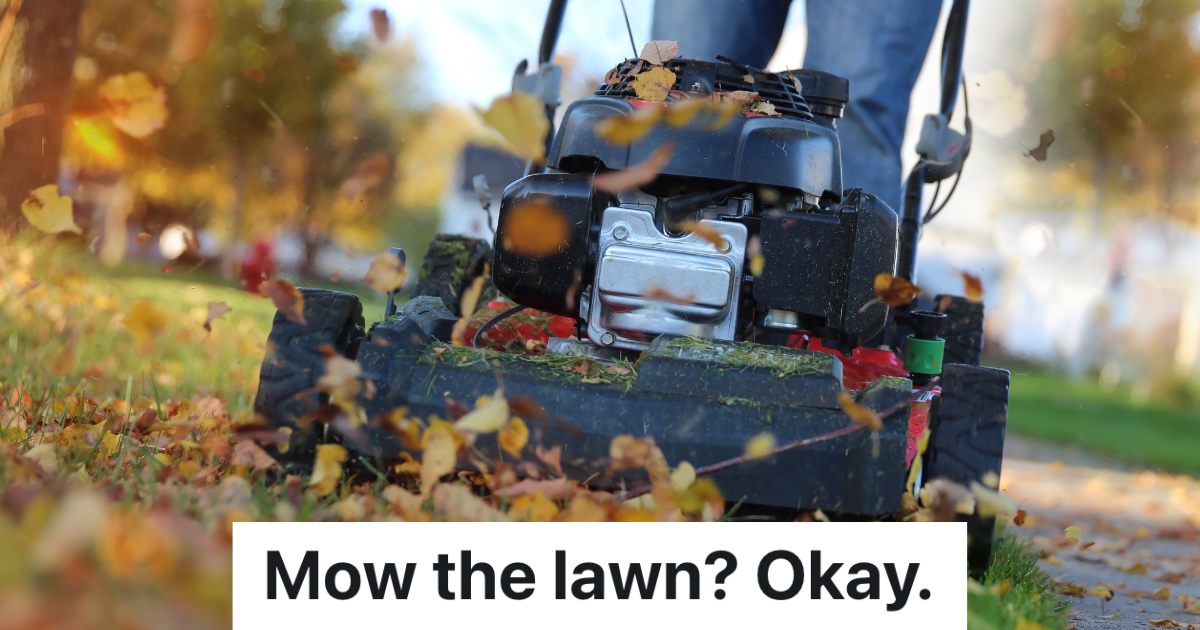 closeup of a lawn mower mowing grass where there are fallen leaves