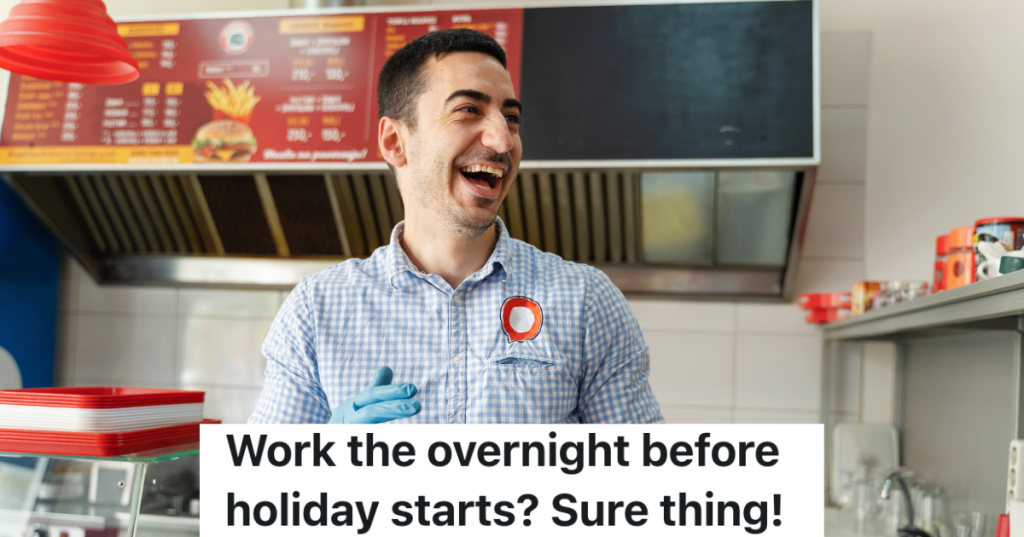 male fast food employee laughing