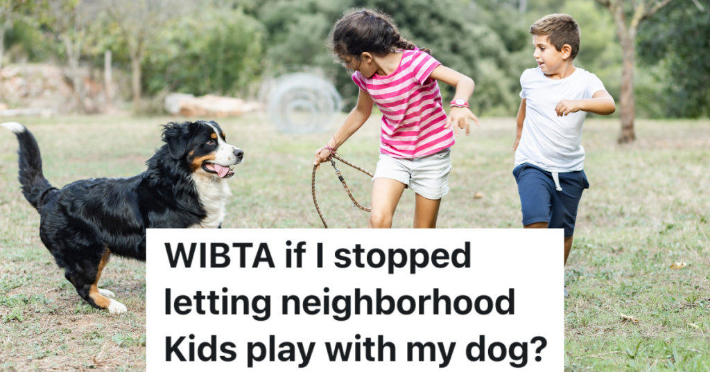 two kids playing with a dog outside