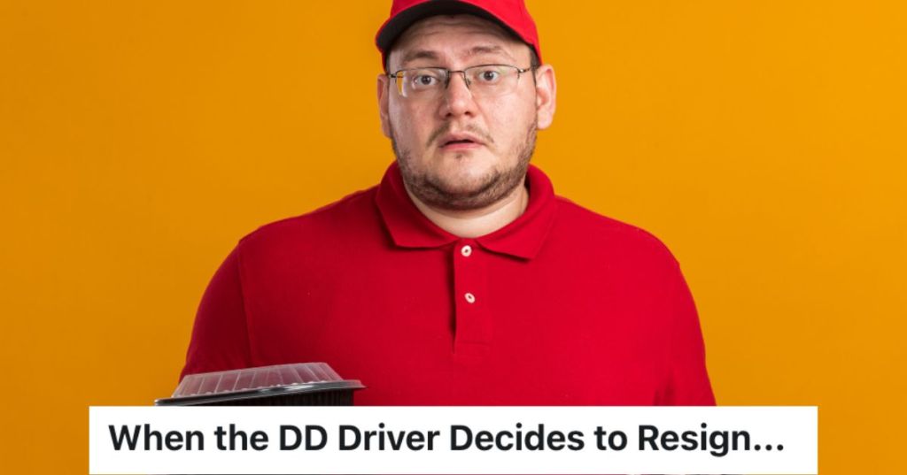 Delivery driver wearing red and carrying food
