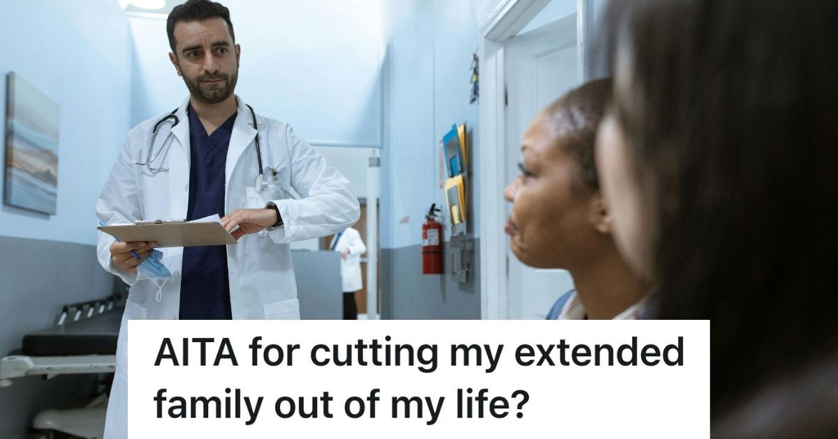 A doctor approaching two people in a hallway