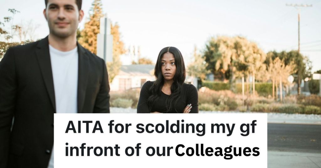 Man looking smug while woman looks angrily at him from behind