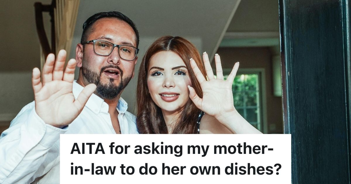 Man and woman waving goodbye at a front door