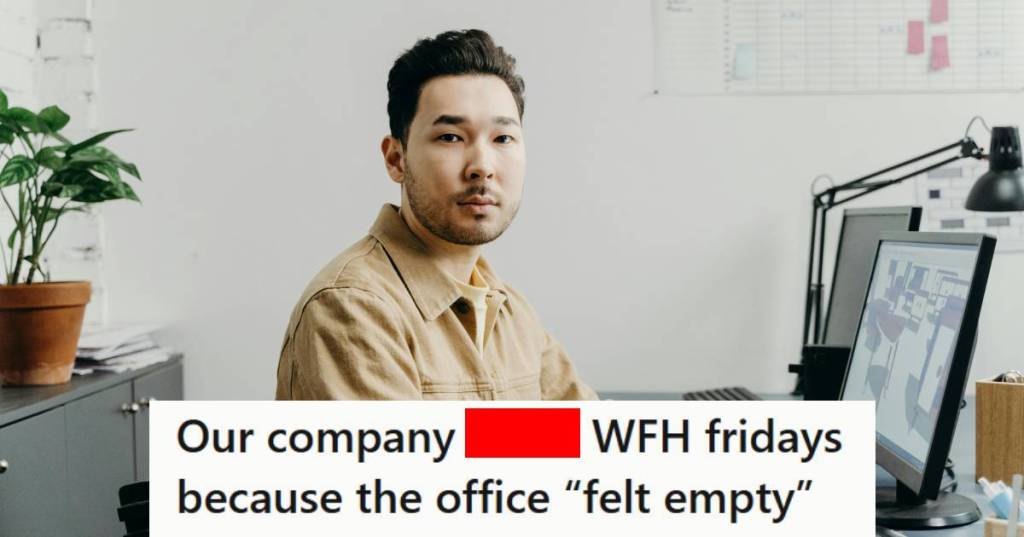 Man sitting at his computer, angry that the company took away his WFH Fridays