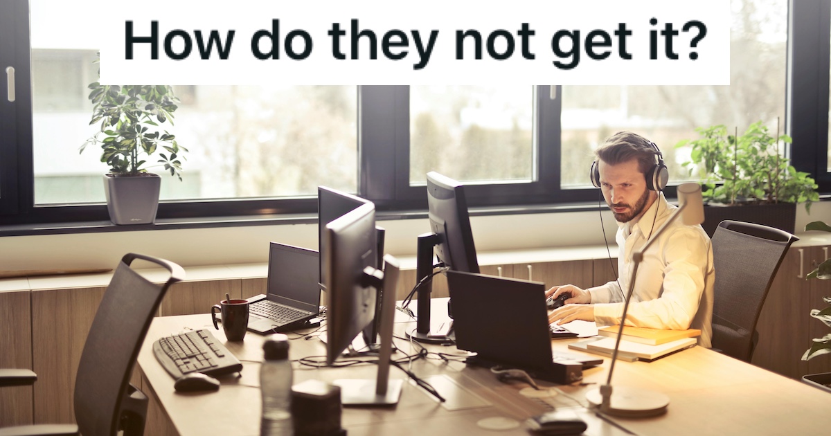 Tech Support Guy Just Wanted To Do A Simple Remote Installation, But As Hard As He Tried, His Colleagues Just Didnt Get It An office employee working at a computer