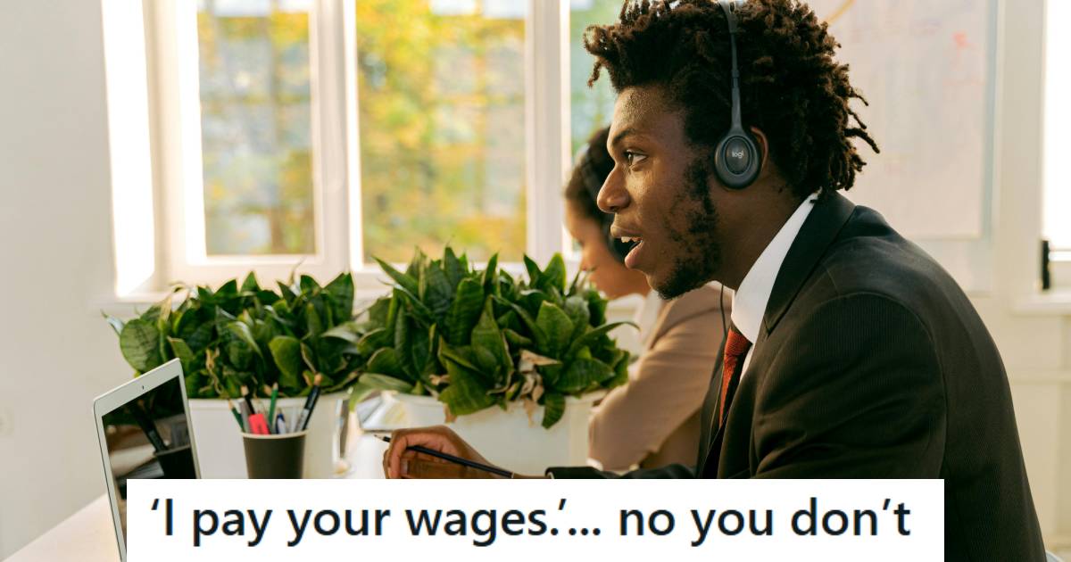 Man working at TV call center speaking to an unruly customer