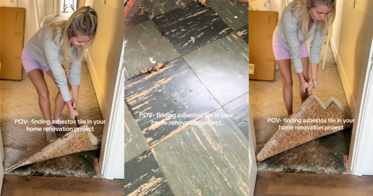 woman pulling up carpet