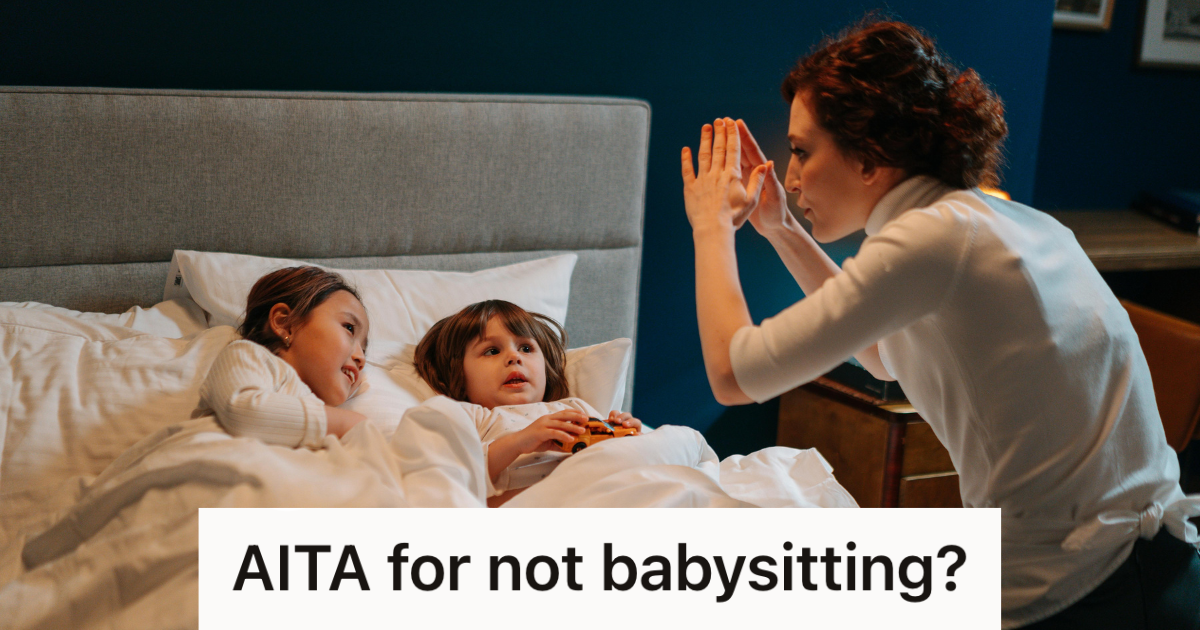 babysitter tucking two kids into bed