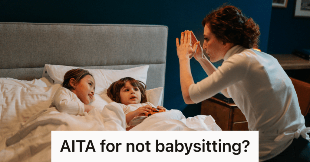 babysitter tucking two kids into bed