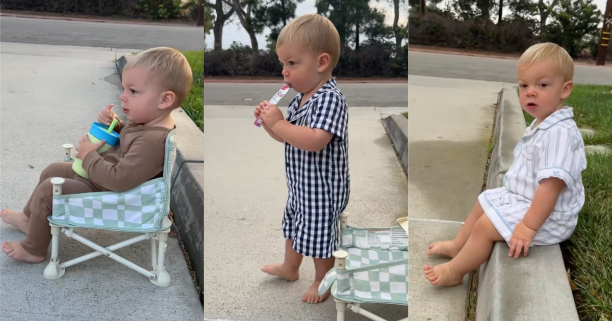 Its gonna be a good day. A Dad Documents His 18 Month Olds Son Daily Routine And Viewers Are All About It little boy sitting on a driveway