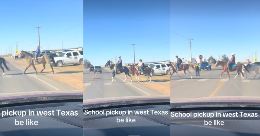 people crossing road on horses