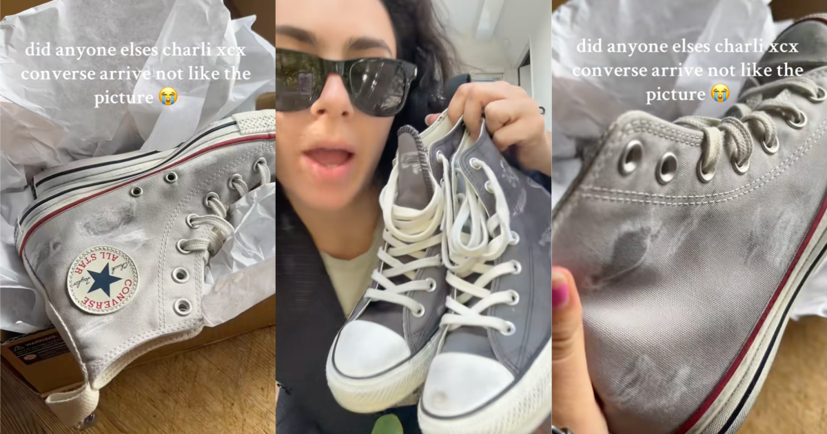 A Shopper Wasnt Impressed With The Converse/Charli XCX Collaboration Shoes She Ordered woman holding a pair of shoes