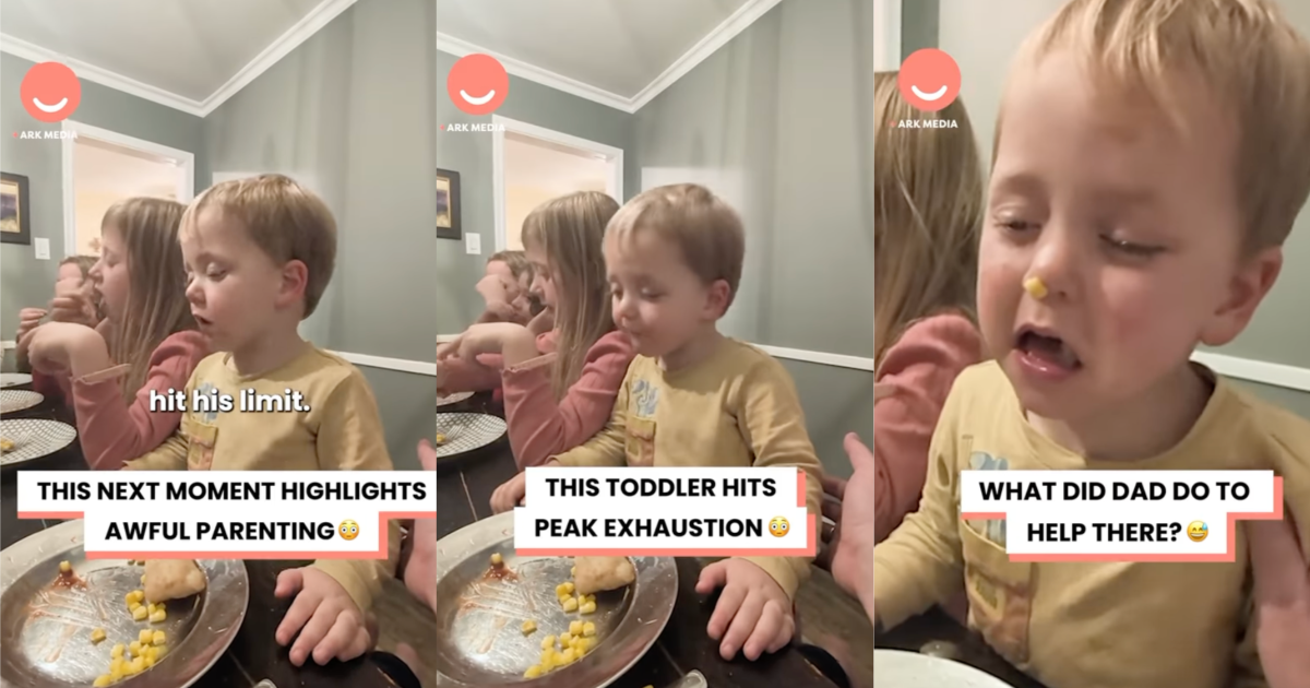 boy falling asleep at dinner