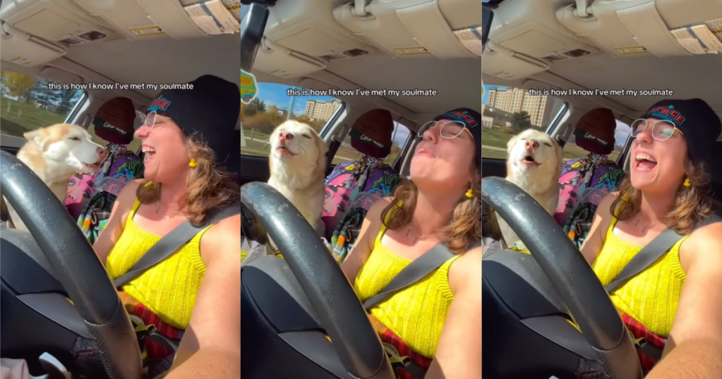 woman singing with her dog