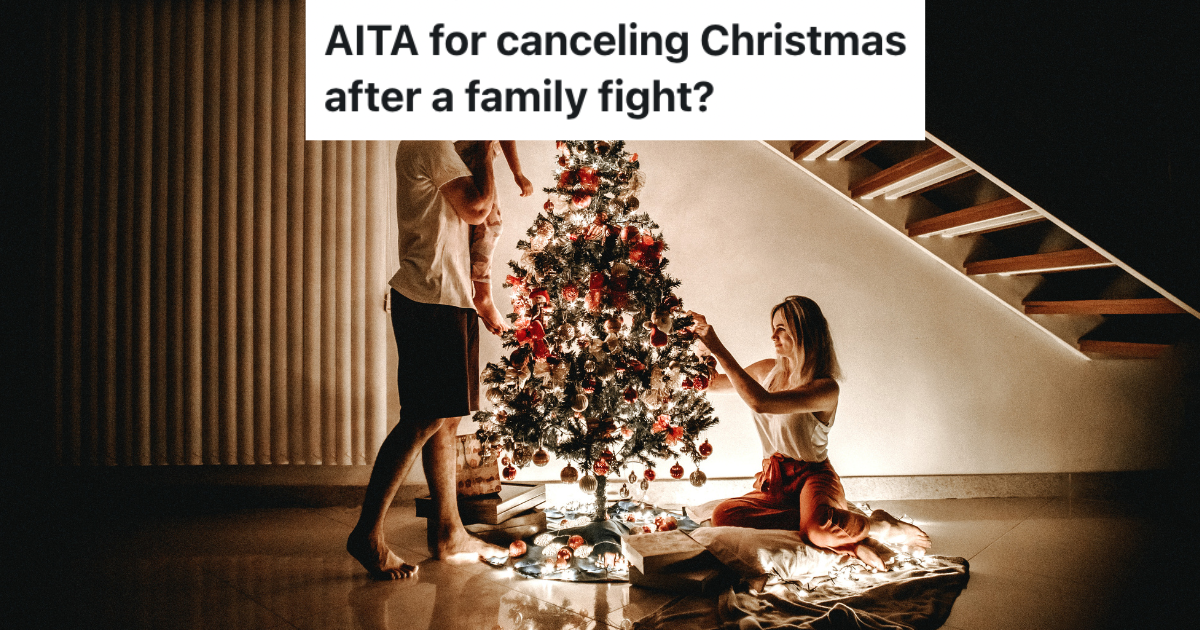 Family decorating christmas tree.