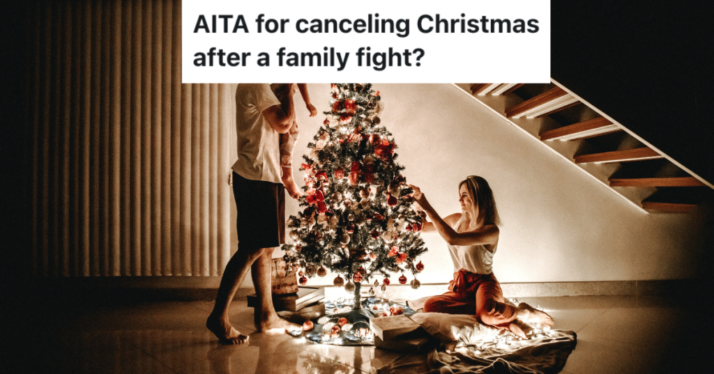 Family decorating christmas tree.