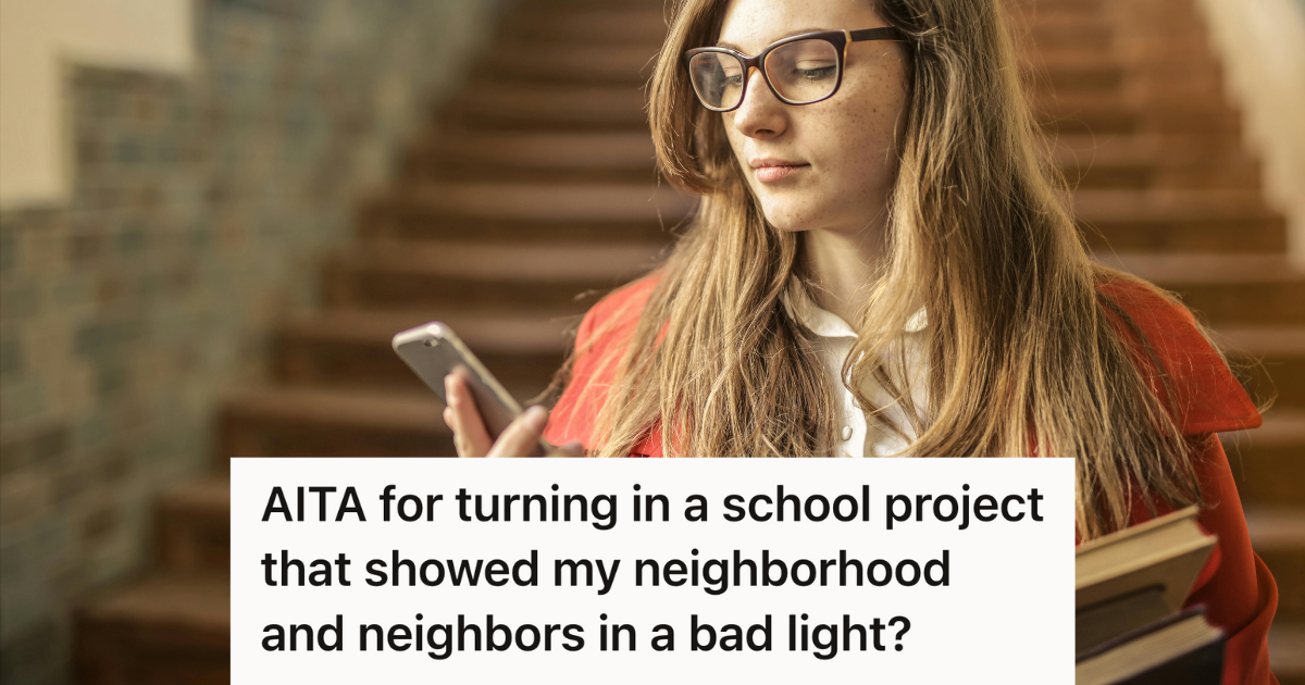 Student Recorded Everyday Street Life For A Class Project, But When She Inadvertently Captured The Neighbors Problematic Behavior, She Got Sent To The Principals Office high school student looking at her phone