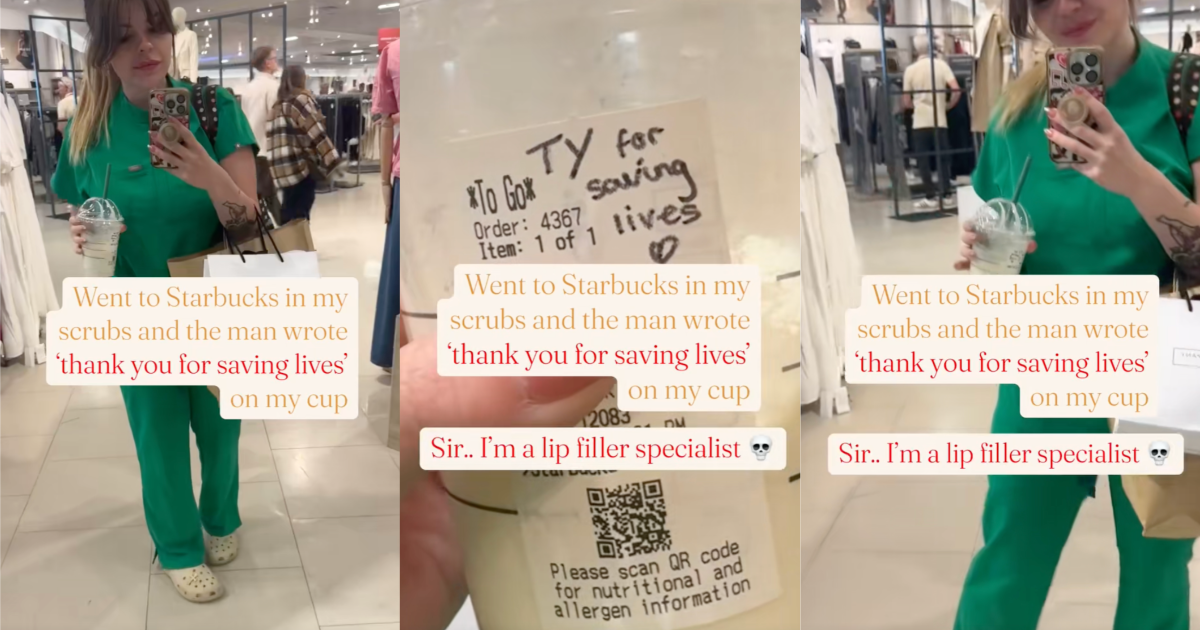 A Customer Wearing Scrubs Received An Unexpected Note On Her Coffee Cup Because A Starbucks Worker Thought She Was A Doctor woman talking about starbucks