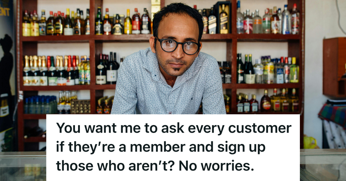 Cashier Was Forced To Push Loyalty Sign Ups During A Holiday Rush, So They Held Up The Line Signing Up Every Single Customer man working at a liquor store
