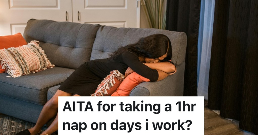 person sleeping on the couch in work clothes