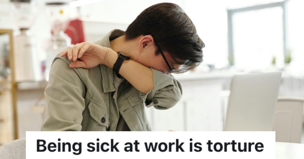 man at work coughing into his elbow