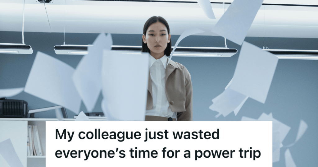 professional woman with papers flying around her