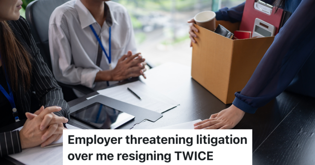 table with three people, one with a box and a letter.