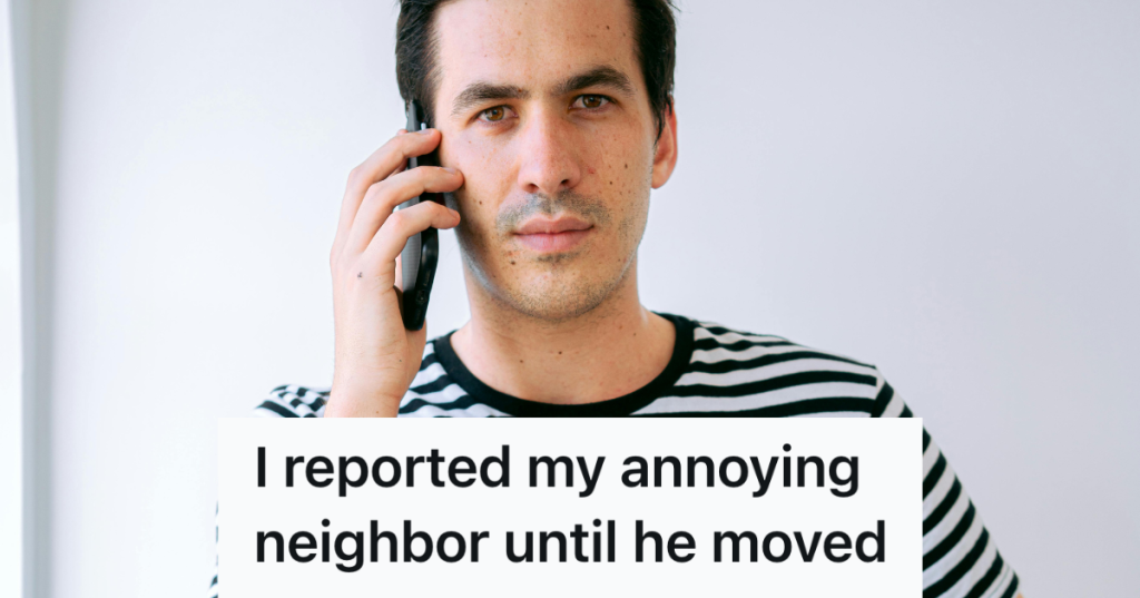 scowling man in stripes talking on phone