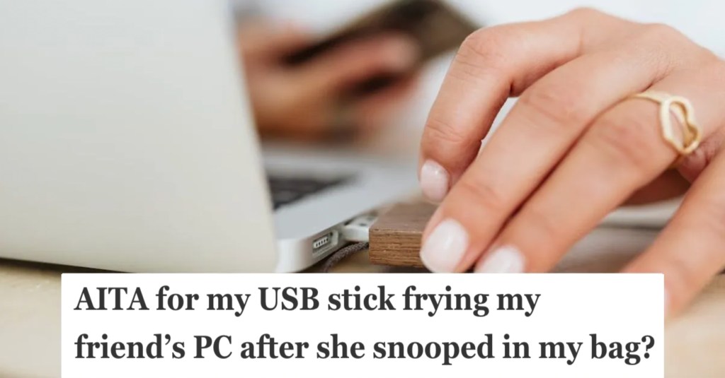 Woman plugging a USB drive on her laptop