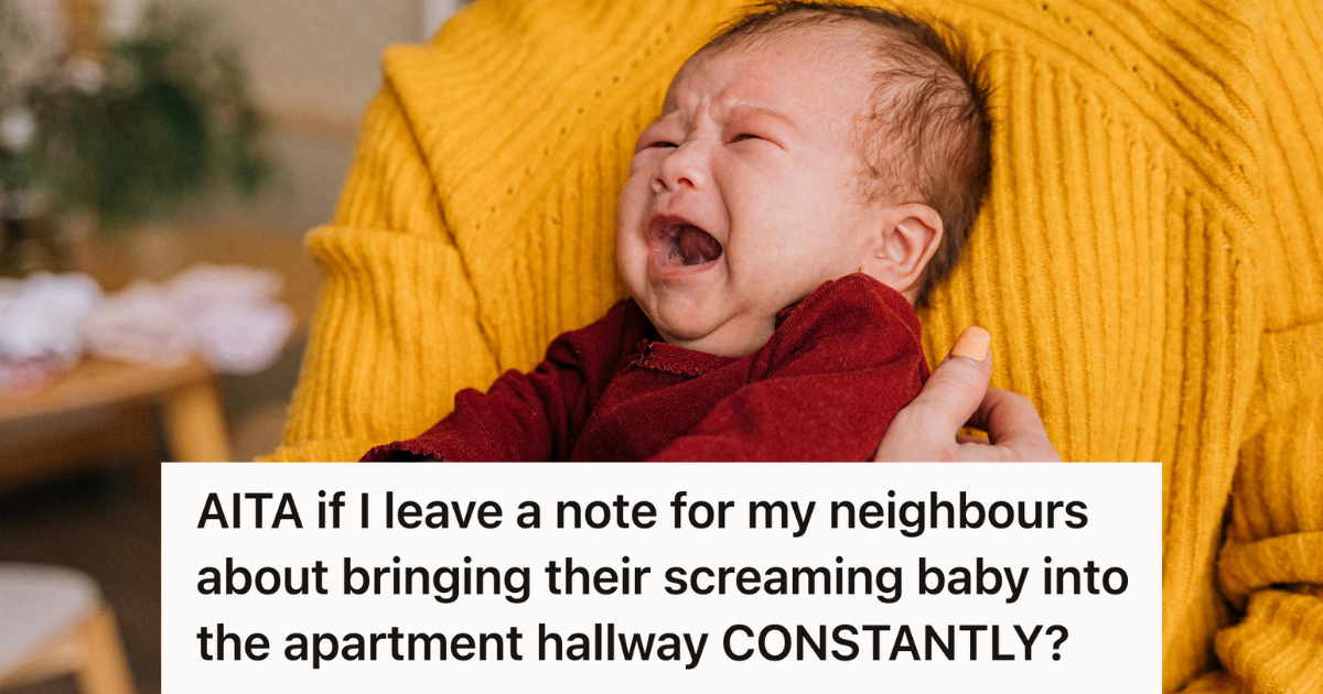 Exhausted Tenant Endured A Neighbor’s Crying Baby Echoing Through The Hallway, So She Finally Considered A Note To Reclaim Her Peace woman in yellow sweater holding crying baby