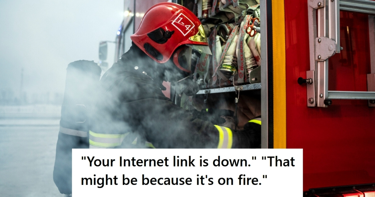 Company Was On Fire And Lost Internet Access, But When Their Small Local ISP Called To Warn Them About It, They Got An Unexpected Response Firefighter by the fire truck