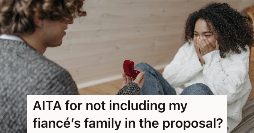 A man holding a ring box toward a woman