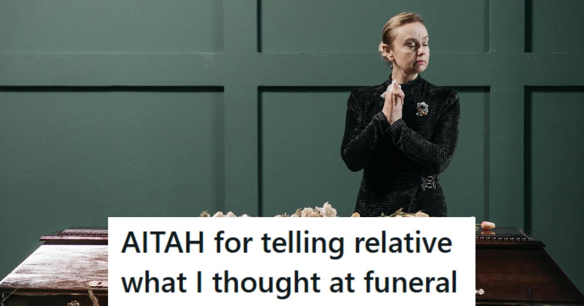 Woman standing by her sister's casket after family drama
