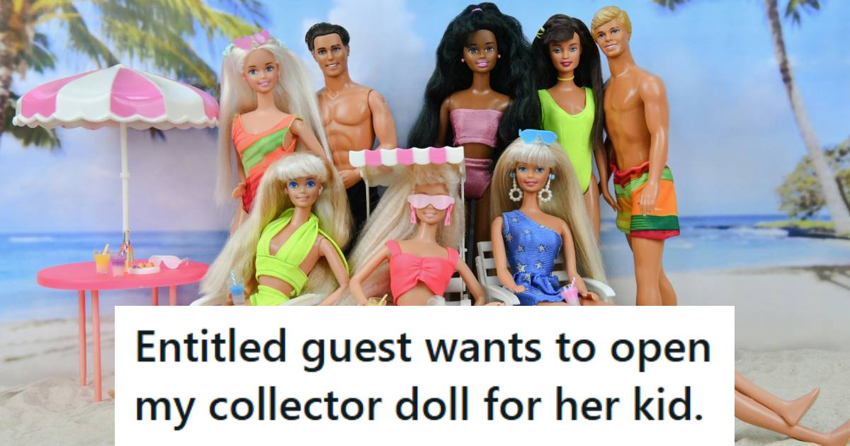 Group of Barbie dolls posed in the sand on a fake beach