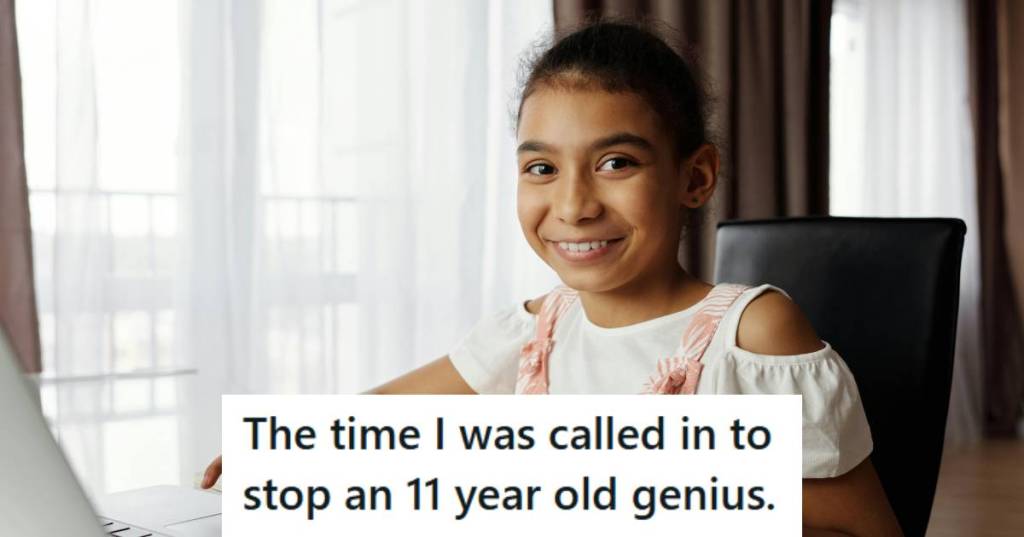11-year-old girl smirking near her parent's computer