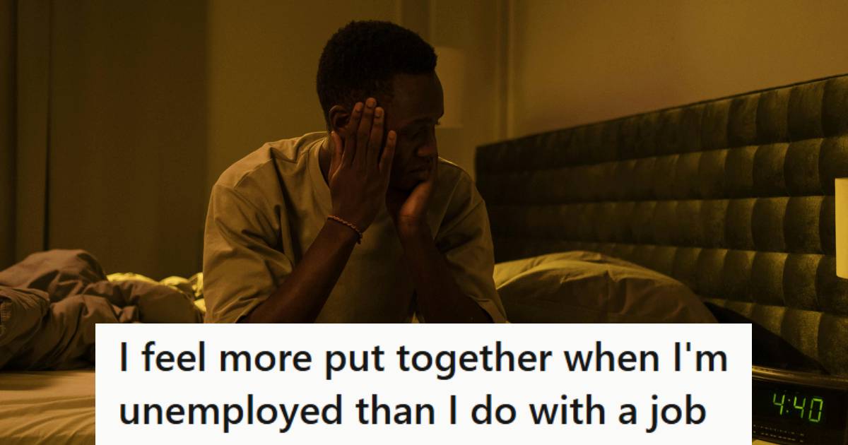 Man sitting on his bed, looking at the clock while dreading going to work
